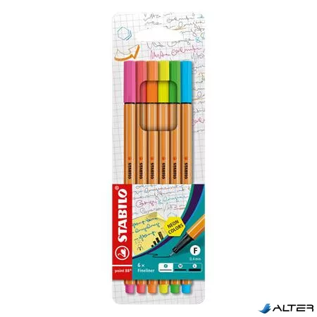 Tűfilc készlet, 0,4 mm, STABILO "Point 88", 6 neon szín