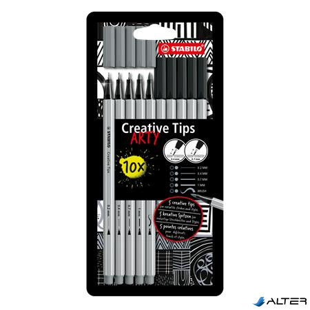Tűfilc készlet, STABILO "Creative Tips ARTY", fekete, szürke, 5 különböző vastagság