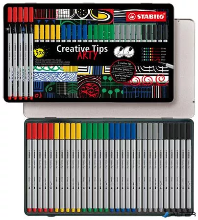 Tűfilc készlet, fém doboz, STABILO "Creative Tips ARTY", 6 különböző szín, 5 különböző vastagság
