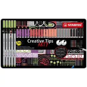   Tűfilc készlet, fém doboz, STABILO 'Creative Tips ARTY', 6 különböző pasztell szín, 5 különböző vastagság
