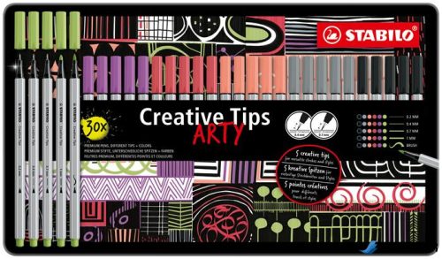 Tűfilc készlet, fém doboz, STABILO 'Creative Tips ARTY', 6 különböző pasztell szín, 5 különböző vastagság