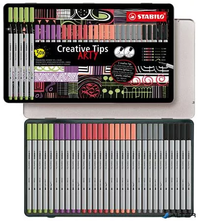 Tűfilc készlet, fém doboz, STABILO 'Creative Tips ARTY', 6 különböző pasztell szín, 5 különböző vastagság