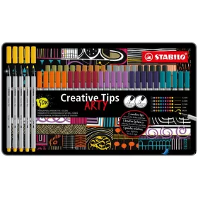   Tűfilc készlet, fém doboz, STABILO 'Creative Tips ARTY', 10 különböző szín, 5 különböző vastagság
