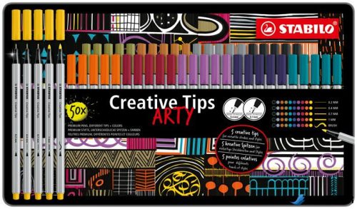 Tűfilc készlet, fém doboz, STABILO 'Creative Tips ARTY', 10 különböző szín, 5 különböző vastagság