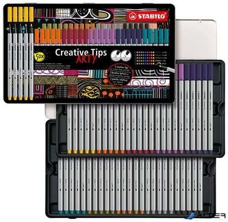 Tűfilc készlet, fém doboz, STABILO "Creative Tips ARTY", 10 különböző szín, 5 különböző vastagság
