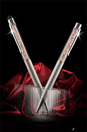 Golyóstoll, ezüst, felül arany SWAROVSKI® kristályokkal töltve 14 cm, ART CRYSTELLA®