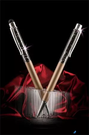 Golyóstoll, arany, felül fekete SWAROVSKI® kristályokkal töltve 14 cm, ART CRYSTELLA®