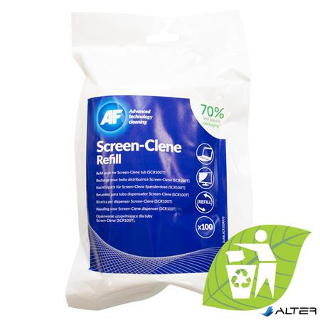 Tisztítókendő, képernyőhöz, antisztatikus, utántöltő, 100 db, AF "Screen-Clene Refill"