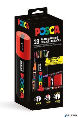 Dekormarker készlet, Posca fém dobozos, UNI "Posca", 13 különböző szín