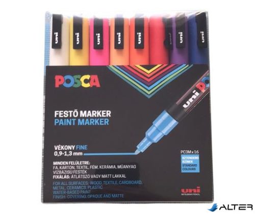 Dekormarker készlet, 0,9-1,3 mm, UNI 'Posca PC-3M', 16 különböző szín