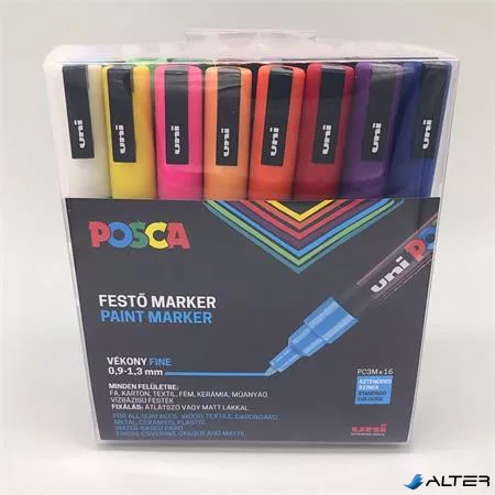 Dekormarker készlet, 0,9-1,3 mm, UNI "Posca PC-3M", 16 különböző szín