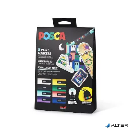 Dekormarker készlet, 1,8-2,5 mm, UNI "Posca Pouch PC-5M", 8 különböző szín, tartóval