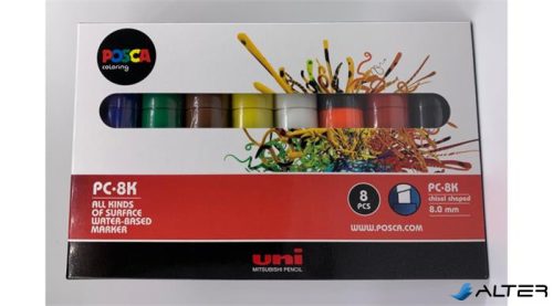 Dekormarker készlet, 8 mm, vágott, UNI "Posca PC-8K", 8 különböző szín