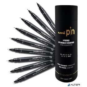   Rajzmarker készlet, UNI PIN "Tube", 9 különböző vonalvastagság, fekete