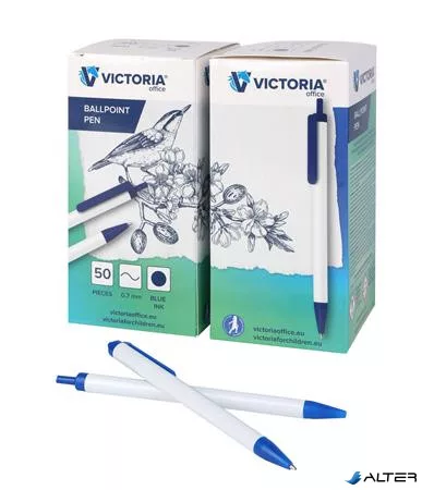 Golyóstoll, 0,7 mm, nyomógombos, kék-fehér tolltest, VICTORIA OFFICE, kék