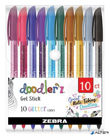 Zseléstoll készlet, 0,33 mm, kupakos, ZEBRA "Doodler'z Glitter", 10 csillogó vegyes szín