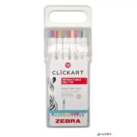   Filctoll készlet, nyomógombos, 0,6 mm, ZEBRA "Clickart" 12 különböző pasztell szín