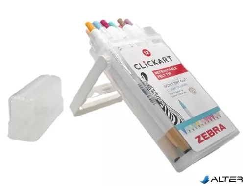 Filctoll készlet, nyomógombos, 0,6 mm, ZEBRA "Clickart" 12 különböző pasztell szín