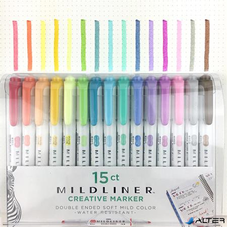 Szövegkiemelő készlet, 1,4/4 mm, kétvégű, ZEBRA "Mildliner Highlighter", 15 különböző szín