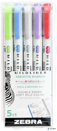 Szövegkiemelő készlet, 1,4/4,0 mm, kétvégű ZEBRA 'Mildliner Cool & Refined' 5 szín