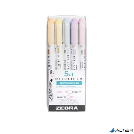 Szövegkiemelő készlet, 1,4/4 mm, kétvégű, ZEBRA "Mildliner Highlighter Gentle", 5 különböző szín