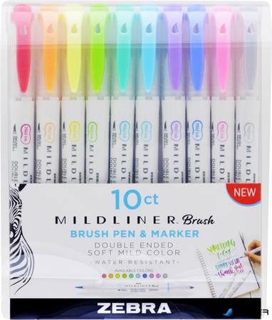 Ecsetirón készlet, 0,5/0,7 mm, kétvégű, ZEBRA "Mildliner Brush&Marker", 10 különböző szín
