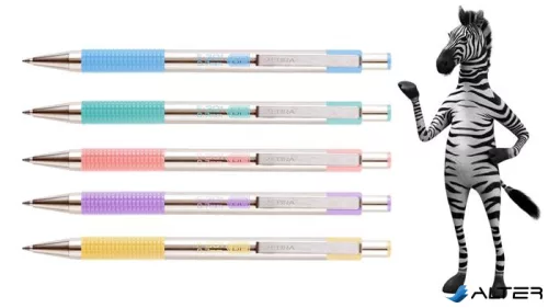 Golyóstoll, 0,24 mm, nyomógombos, rozsdamentes acél, pasztellsárga tolltest, ZEBRA "F-301", kék