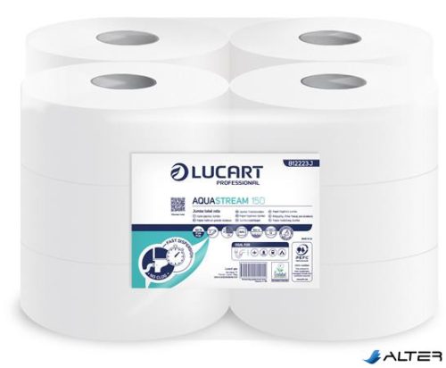 Toalettpapír, 2 rétegű, nagytekercses, 150 m,  19 cm átmérő, LUCART 'Aquastream 150', fehér