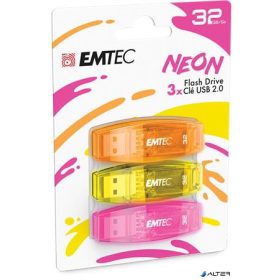   Pendrive, 32GB, 3 db, USB 2.0, EMTEC 'C410 Neon', narancs, citromsárga, rózsaszín