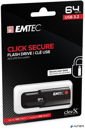 Pendrive, 64GB, USB 3.2, titkosított, EMTEC 'B120 Click Secure'