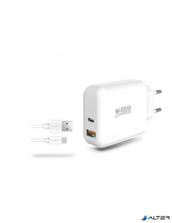 Hálózati töltő, 1xUSB-A (18W), 1xUSB-C (45W), USB-A–USB-C kábel, URBAN FACTORY