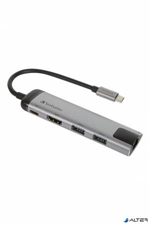 USB elosztó-HUB, USB-C/USB 3.0/HDMI/Ethernet, VERBATIM