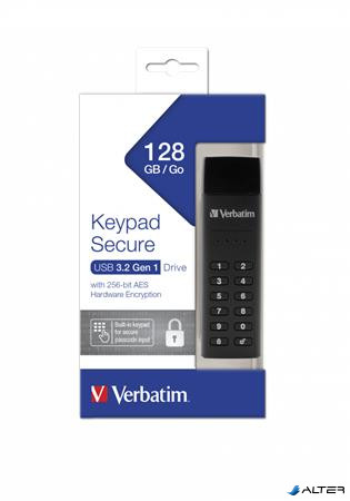 Pendrive, 128GB, USB 3.2, titkosítás, 160/130Mb/s, VERBATIM 'Keypad Secure'