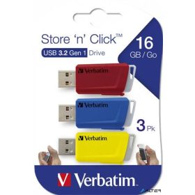  Pendrive, 3 x 16GB, USB 3.2, 80/25MB/sec, VERBATIM "Store n Click", piros, kék, sárga