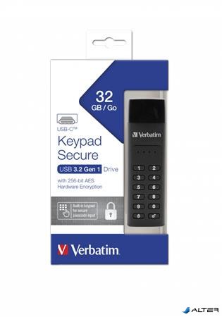 Pendrive, 32GB ,USB-C (USB 3.2), titkosítás, 160/130Mb/s, VERBATIM 'Keypad Secure'