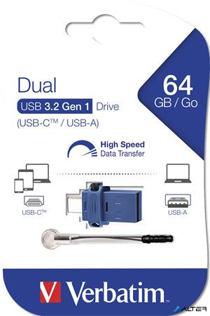 Pendrive, 64GB, USB 3.0+USB-C adapter, VERBATIM, "DUAL"