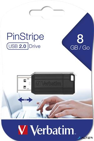 Pendrive, 8GB, USB 2.0, 10/4MB/sec, VERBATIM 'PinStripe', fekete