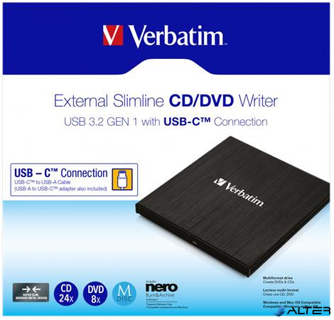 CD/DVD író, vékony, fém ház, USB 3.2 - USB-C, VERBATIM
