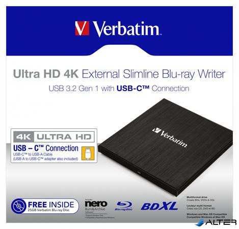 Blu-ray író, (külső meghajtó), 4K Ultra HD, USB 3.1 GEN 1 USB-C, VERBATIM 'Slimline'