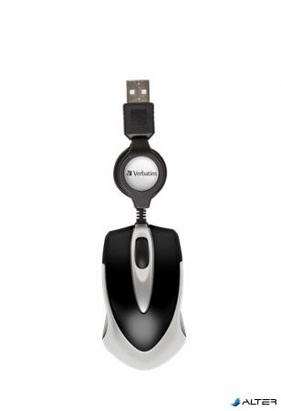 Egér, vezetékes, optikai, kisméret, USB, VERBATIM 'Go Mini', ezüst-fekete