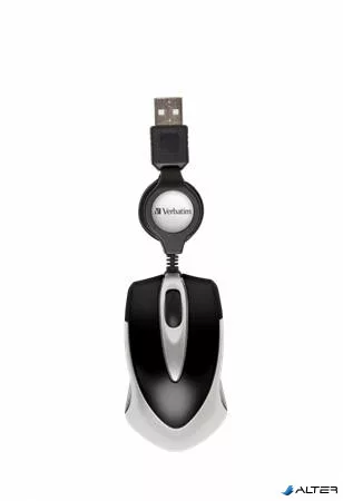 Egér, vezetékes, optikai, kisméret, USB, VERBATIM "Go Mini", ezüst-fekete