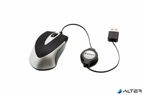Egér, vezetékes, optikai, kisméret, USB, VERBATIM 'Go Mini', ezüst-fekete