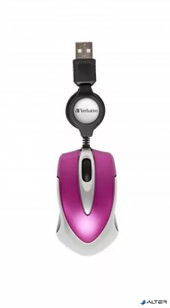 Egér, vezetékes, optikai, kisméret, USB, VERBATIM 'Go Mini', ezüst-ciklámen