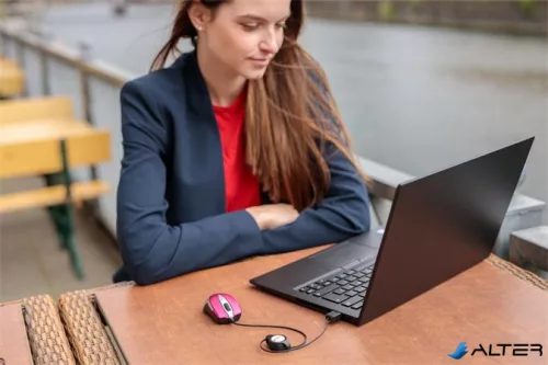 Egér, vezetékes, optikai, kisméret, USB, VERBATIM 'Go Mini', ezüst-ciklámen