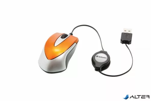 Egér, vezetékes, optikai, kisméret, USB, VERBATIM 'Go Mini', ezüst-lávaszínű