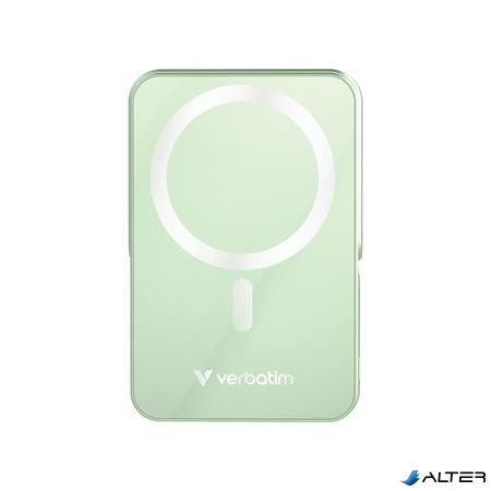 Power bank, külső akkumulátor, mágneses (vezeték nélküli), 10.000mAh, kitámasztó, VERBATIM "Charge n Go", zöld