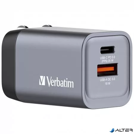 Hálózati töltő, 1xUSB-C PD (35W), USB-A QC 3.0, EU/UK/US, GaN, VERBATIM