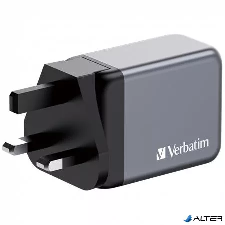 Hálózati töltő, 2xUSB-C PD (65W), USB-A QC 3.0, EU/UK/US, GaN, VERBATIM