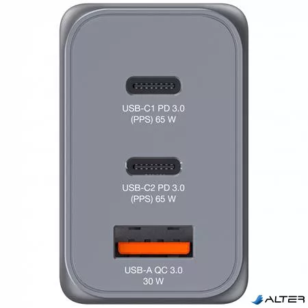 Hálózati töltő, 2xUSB-C PD (65W), USB-A QC 3.0, EU/UK/US, GaN, VERBATIM