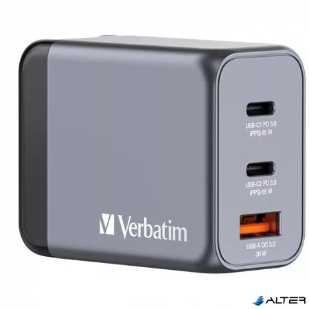 Hálózati töltő, 2xUSB-C PD (65W), USB-A QC 3.0, EU/UK/US, GaN, VERBATIM